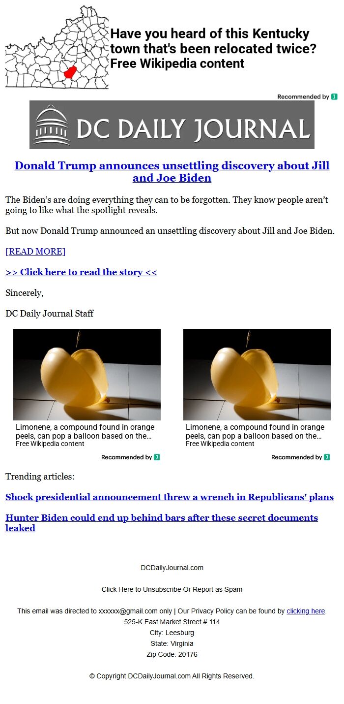 Screenshot of the email generated on import