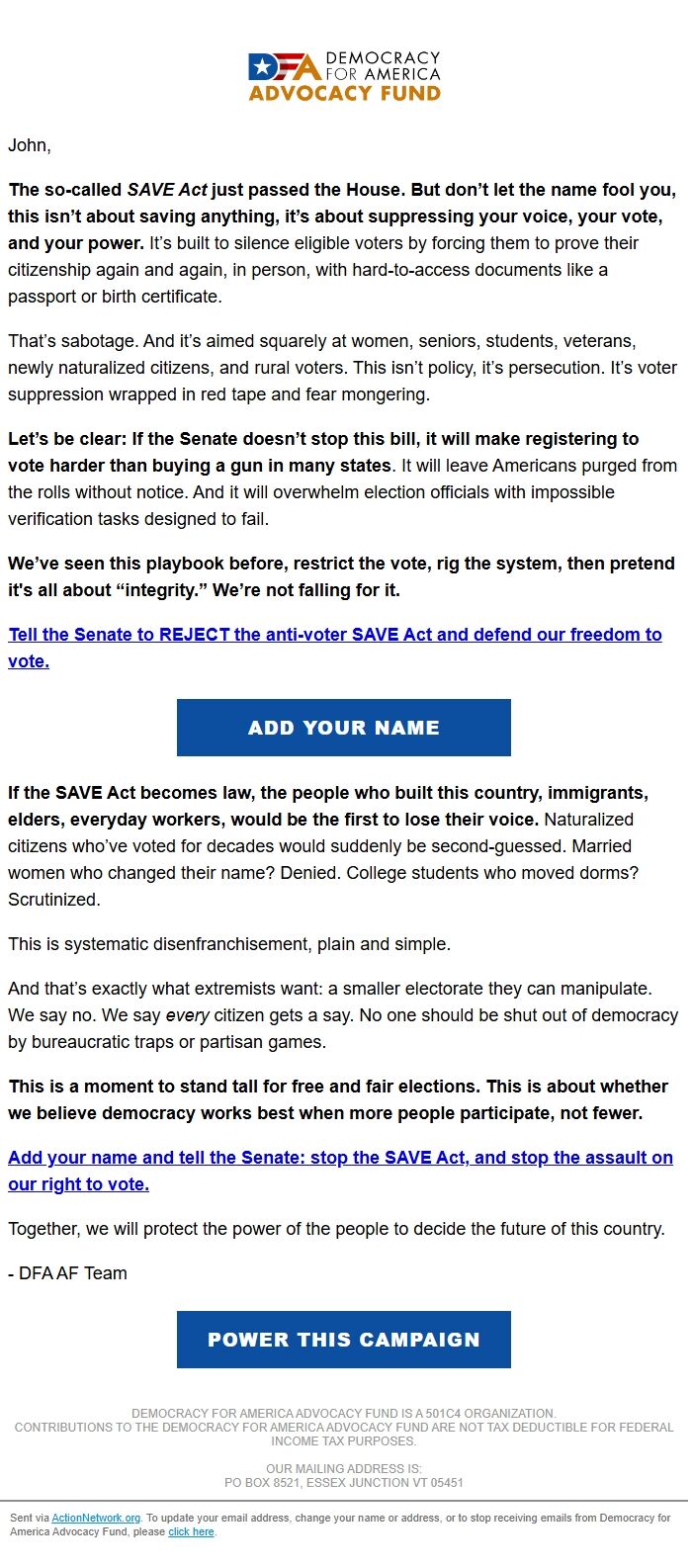 Screenshot of the email generated on import