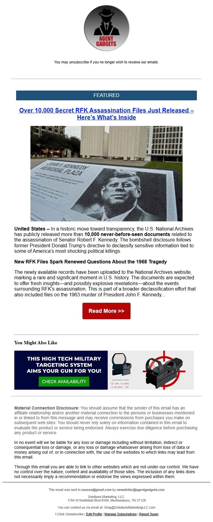 Screenshot of the email generated on import