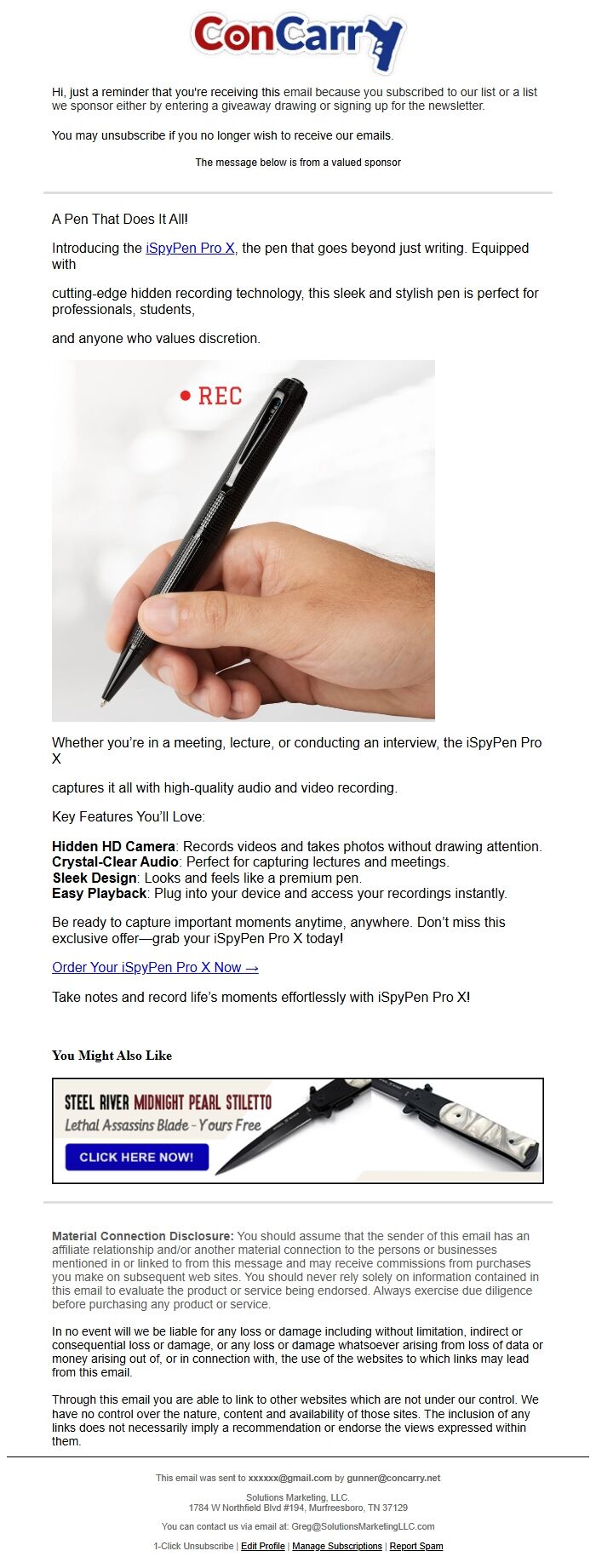 Screenshot of the email generated on import