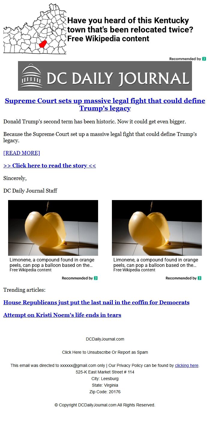 Screenshot of the email generated on import