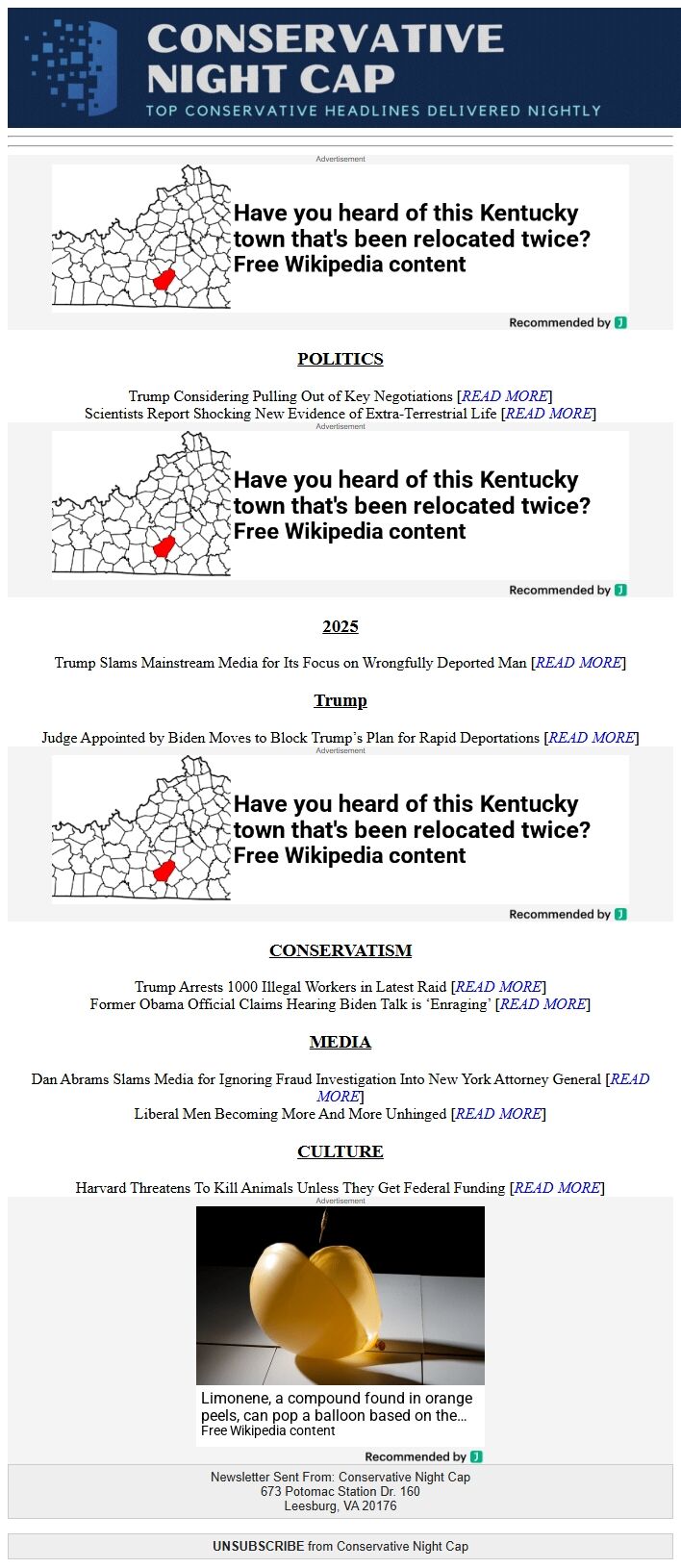 Screenshot of the email generated on import