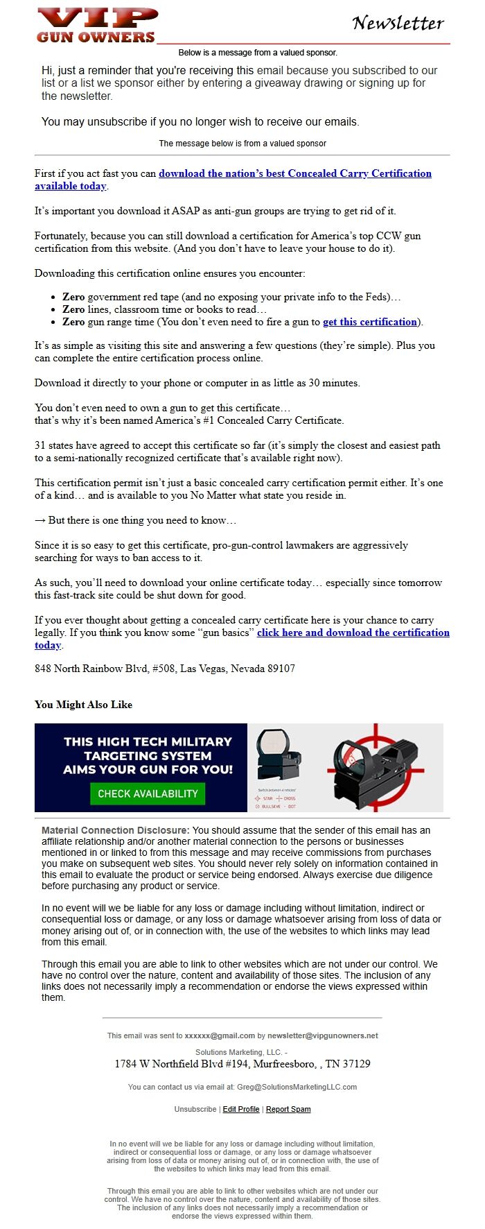 Screenshot of the email generated on import