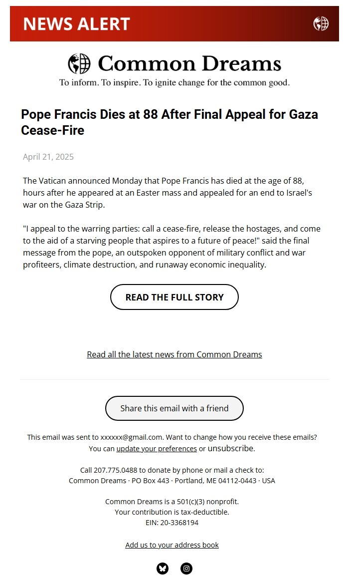 Screenshot of the email generated on import