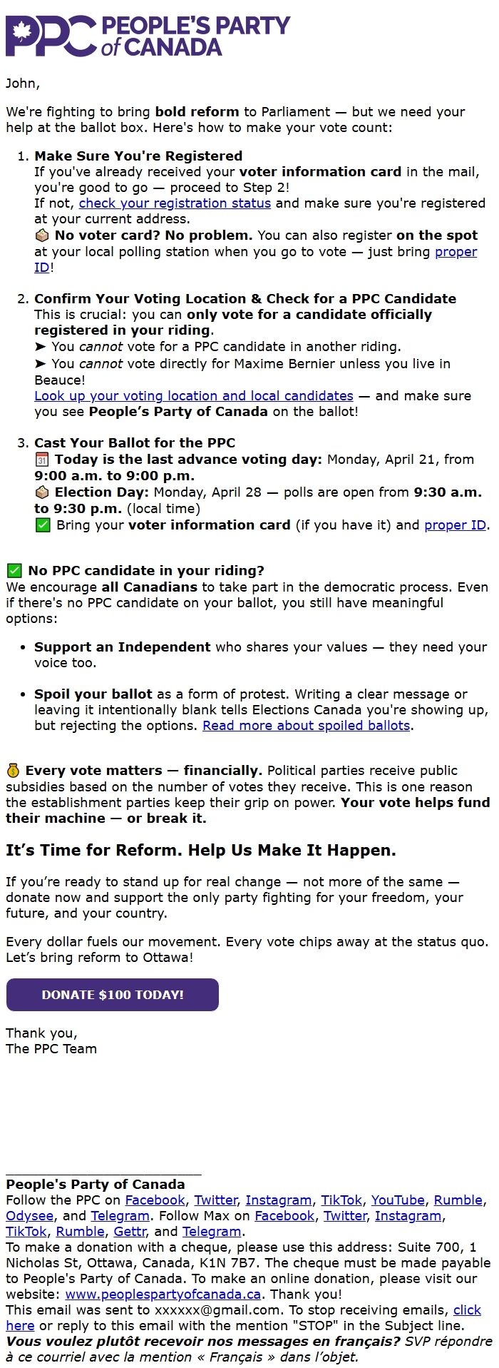 Screenshot of the email generated on import