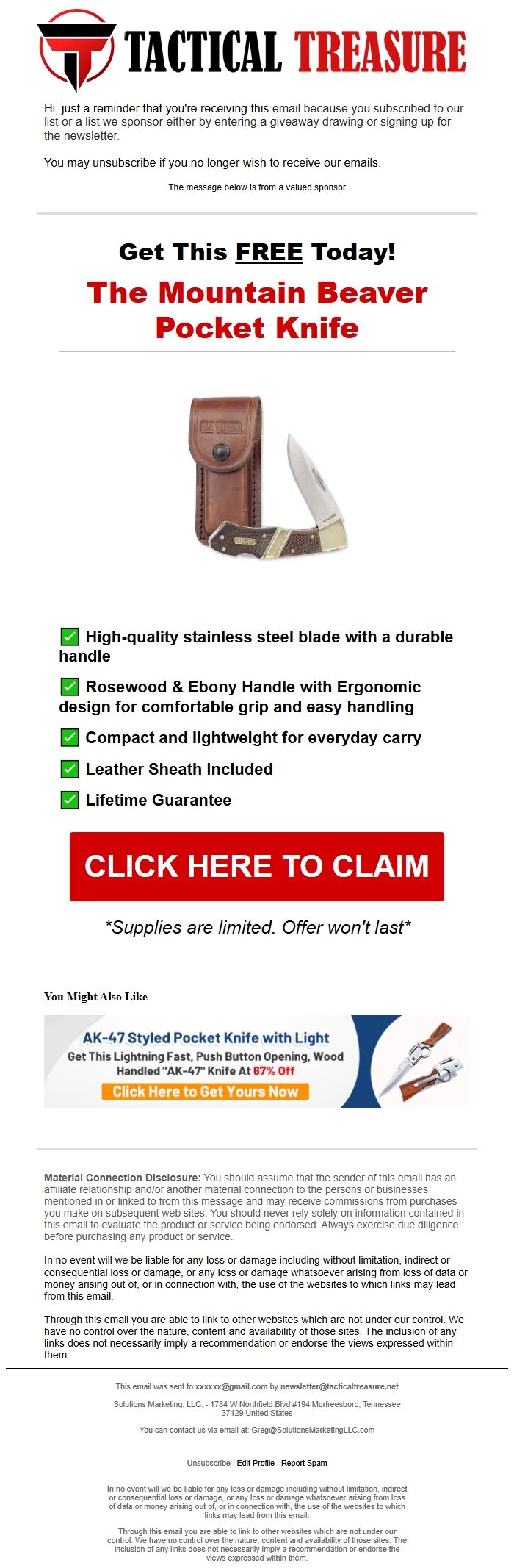 Screenshot of the email generated on import