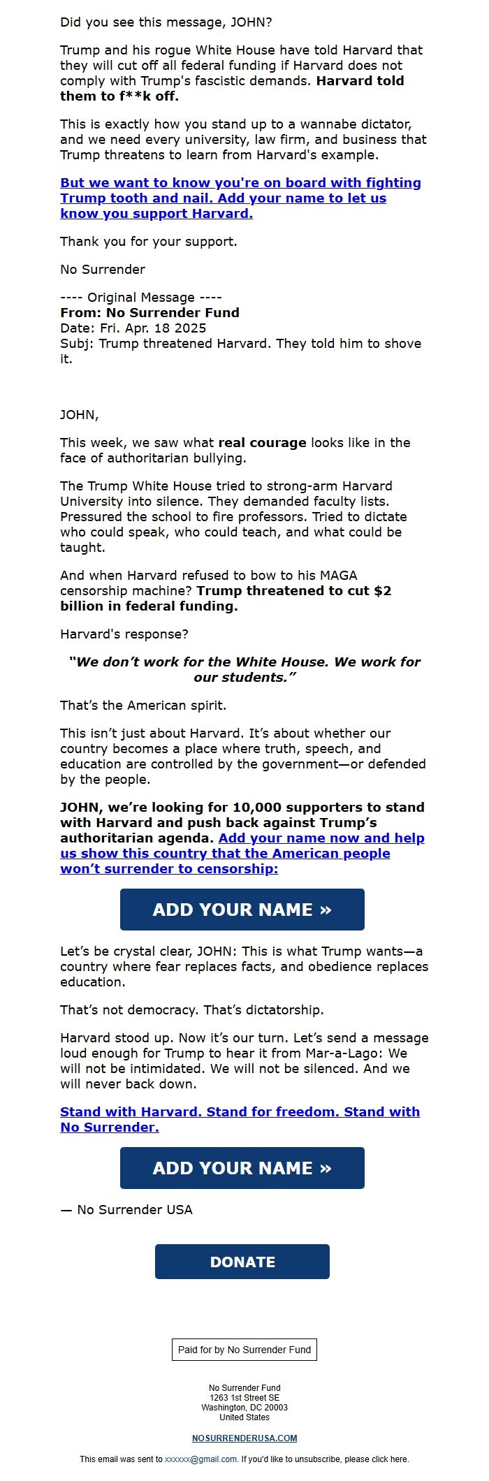 Screenshot of the email generated on import