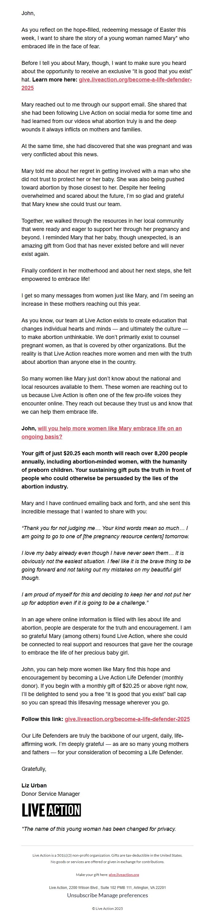Screenshot of the email generated on import