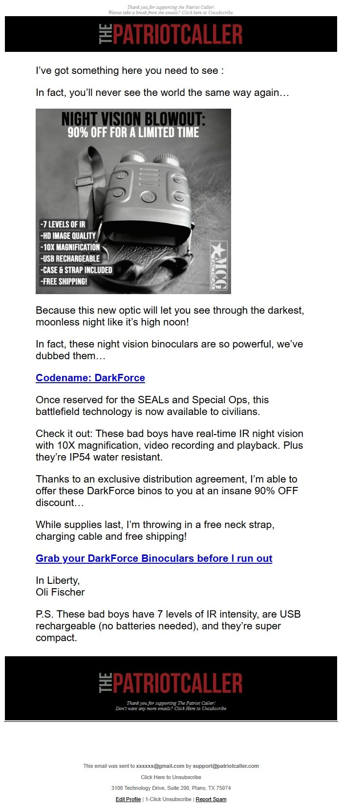 Screenshot of the email generated on import