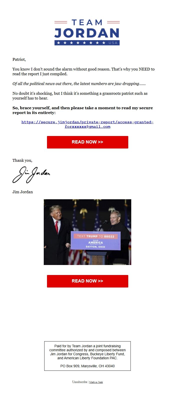Screenshot of the email generated on import