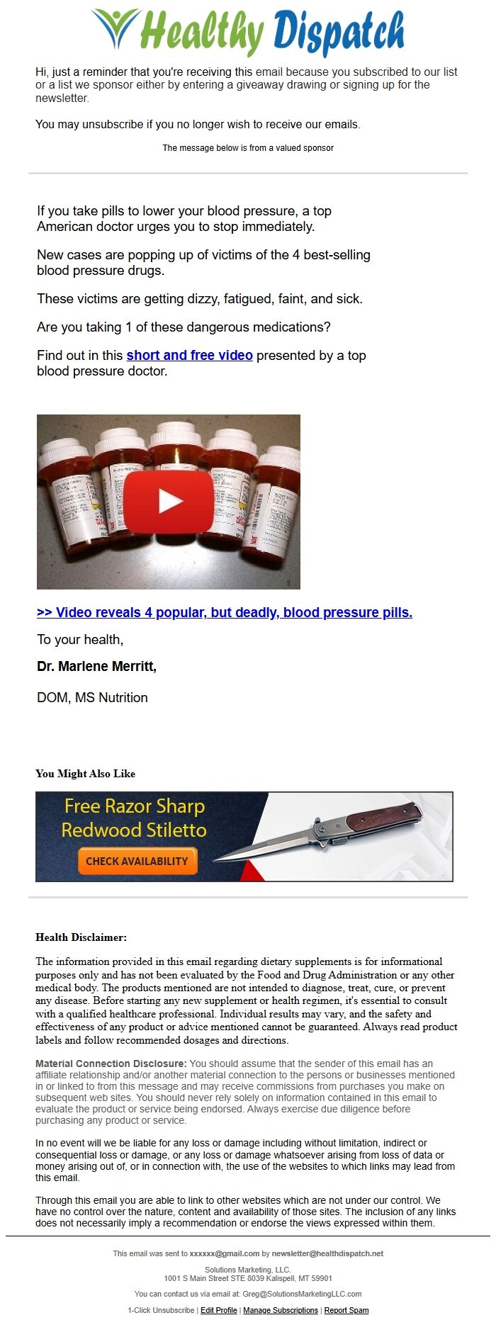 Screenshot of the email generated on import
