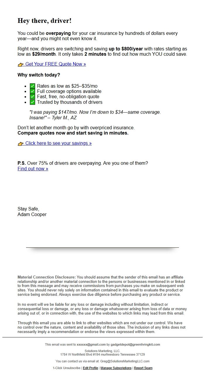 Screenshot of the email generated on import