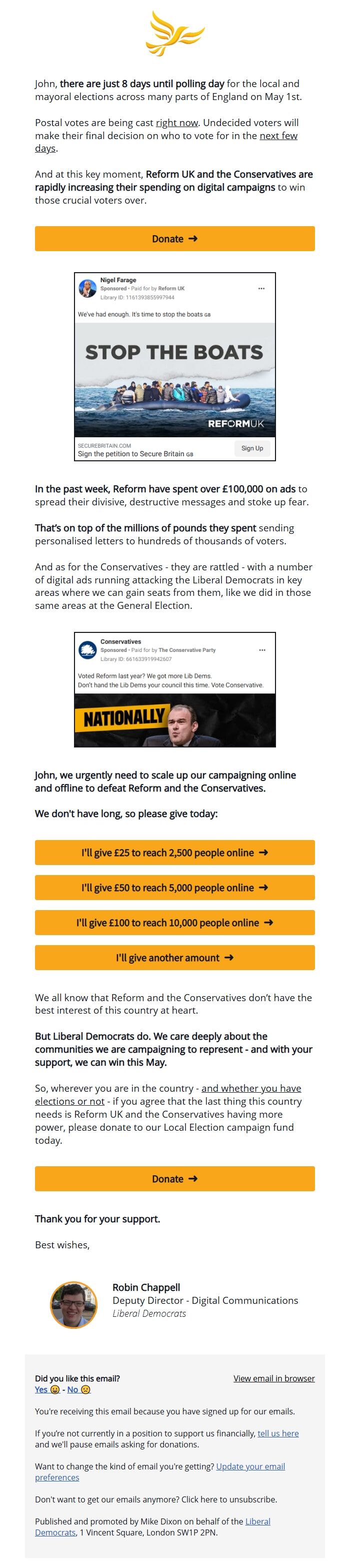 Screenshot of the email generated on import