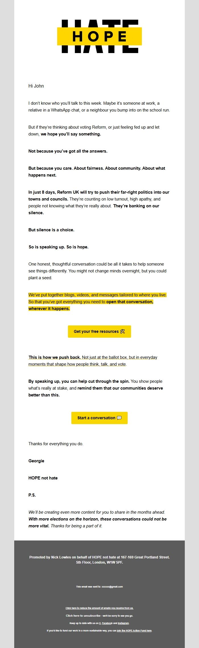 Screenshot of the email generated on import
