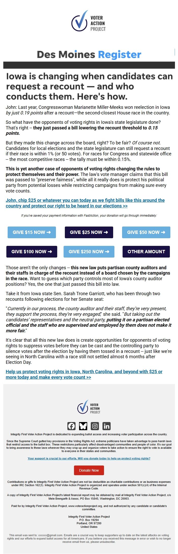 Screenshot of the email generated on import