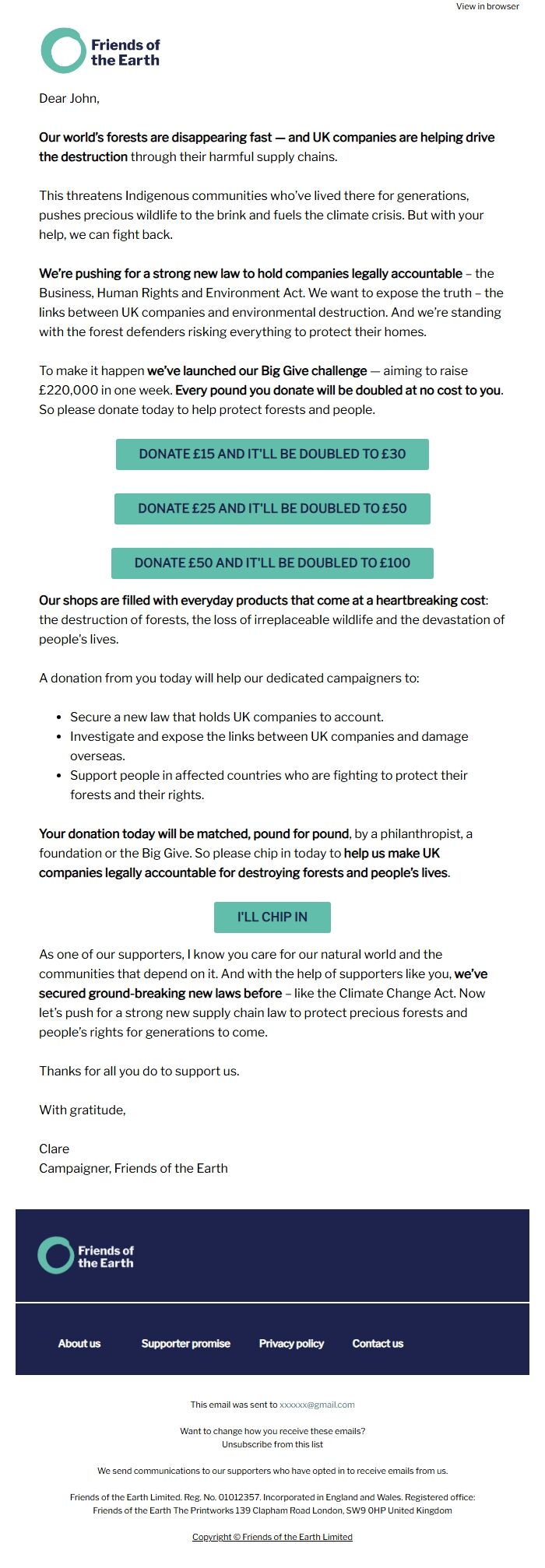 Screenshot of the email generated on import