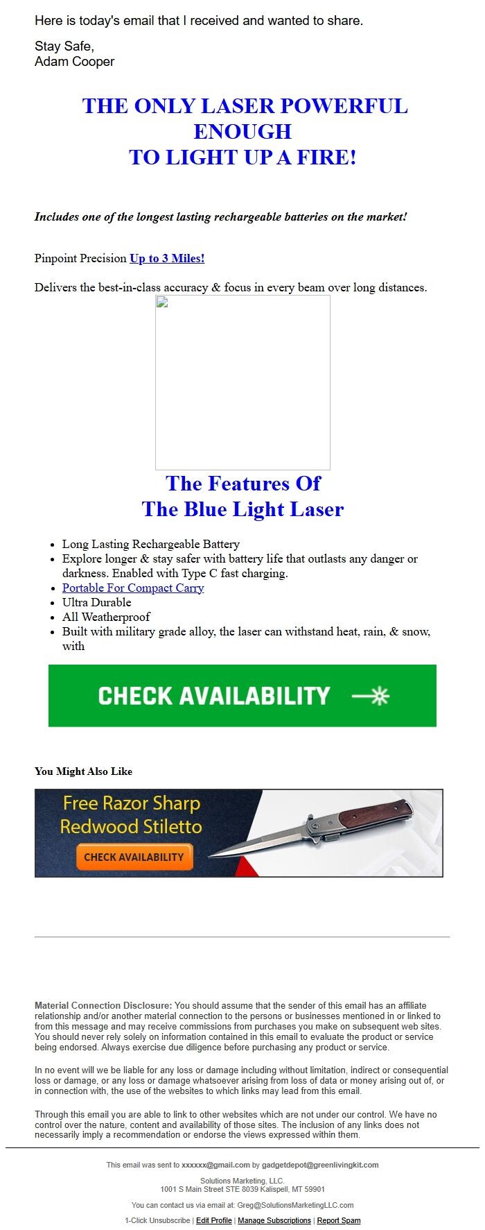 Screenshot of the email generated on import