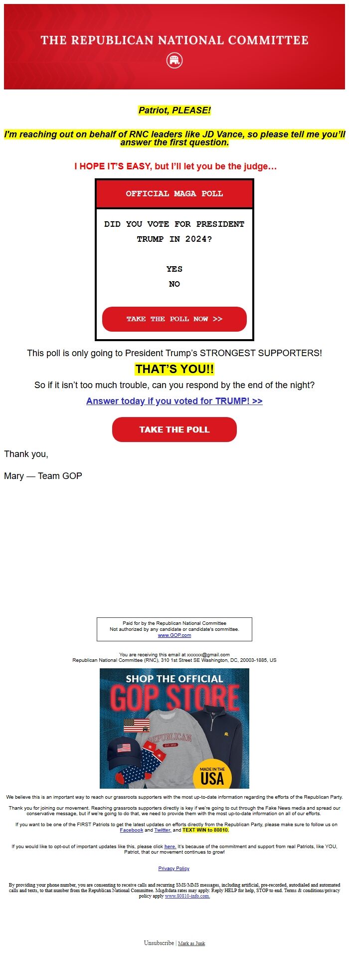 Screenshot of the email generated on import