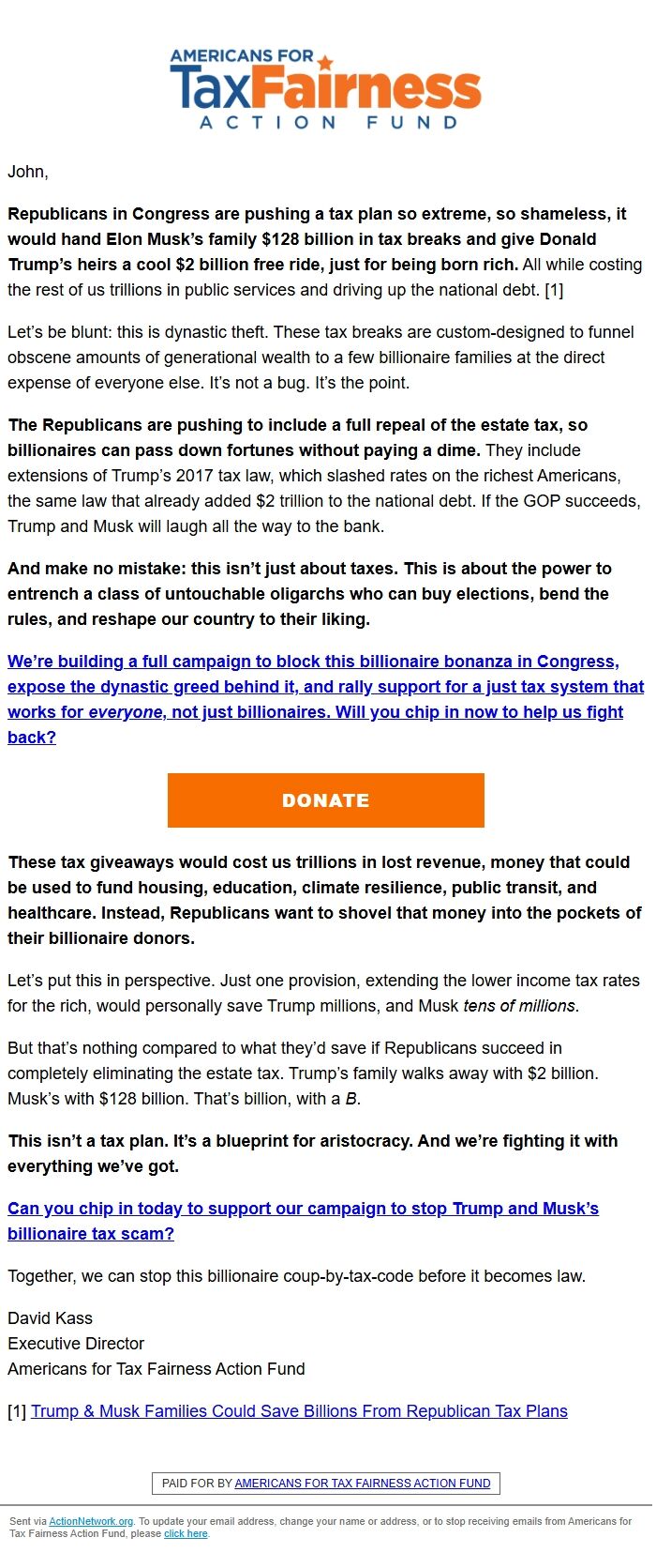 Screenshot of the email generated on import
