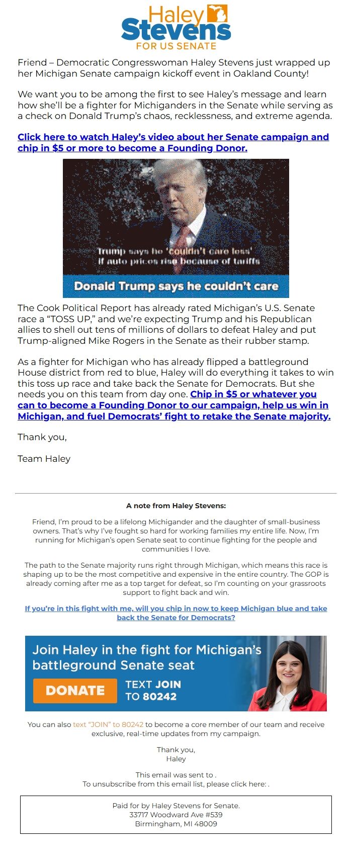 Screenshot of the email generated on import