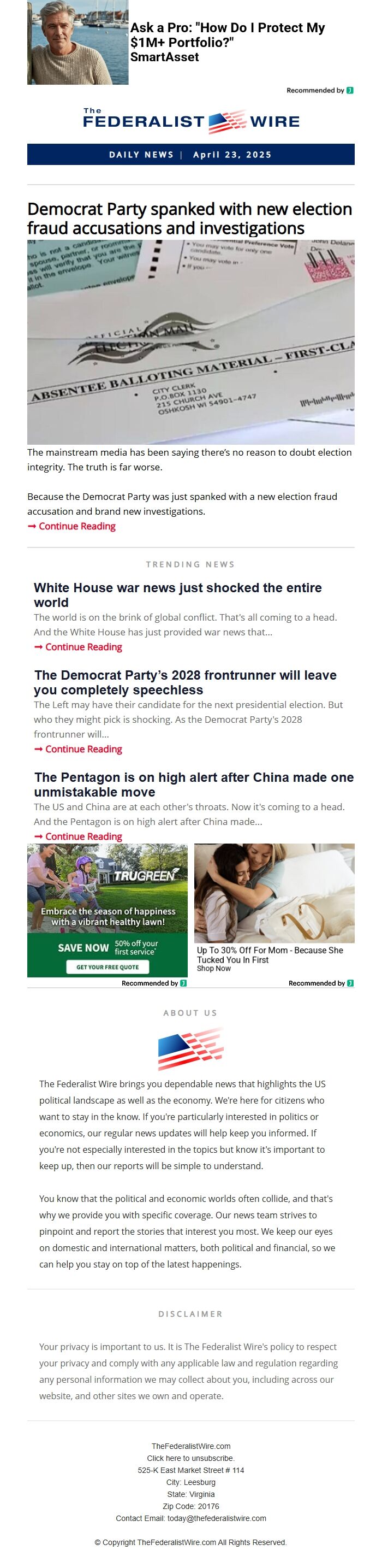 Screenshot of the email generated on import