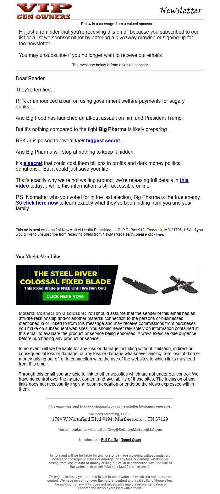 Screenshot of the email generated on import