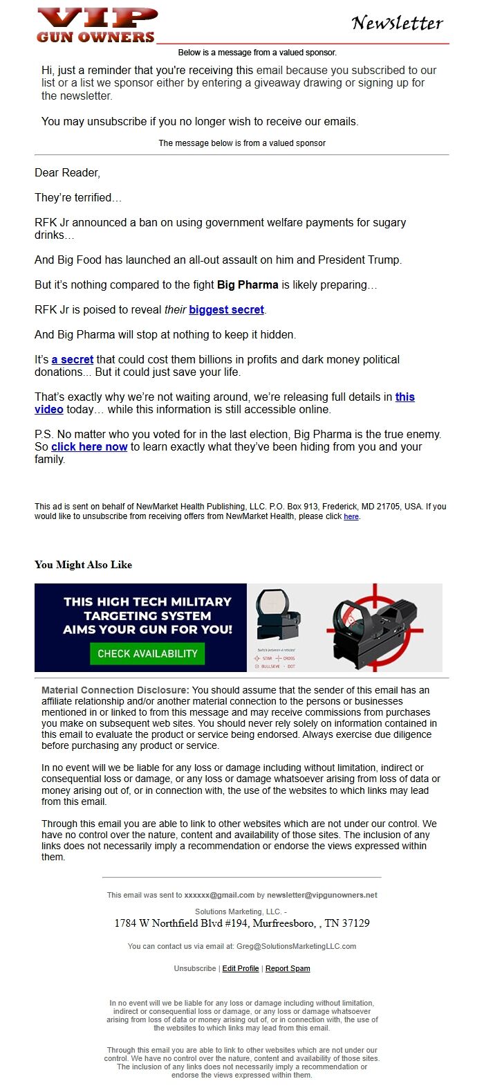 Screenshot of the email generated on import