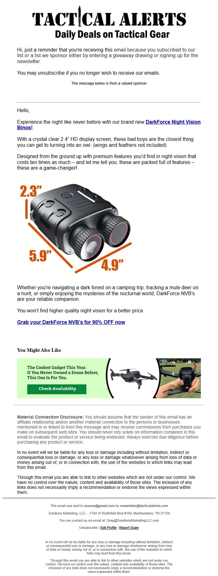 Screenshot of the email generated on import