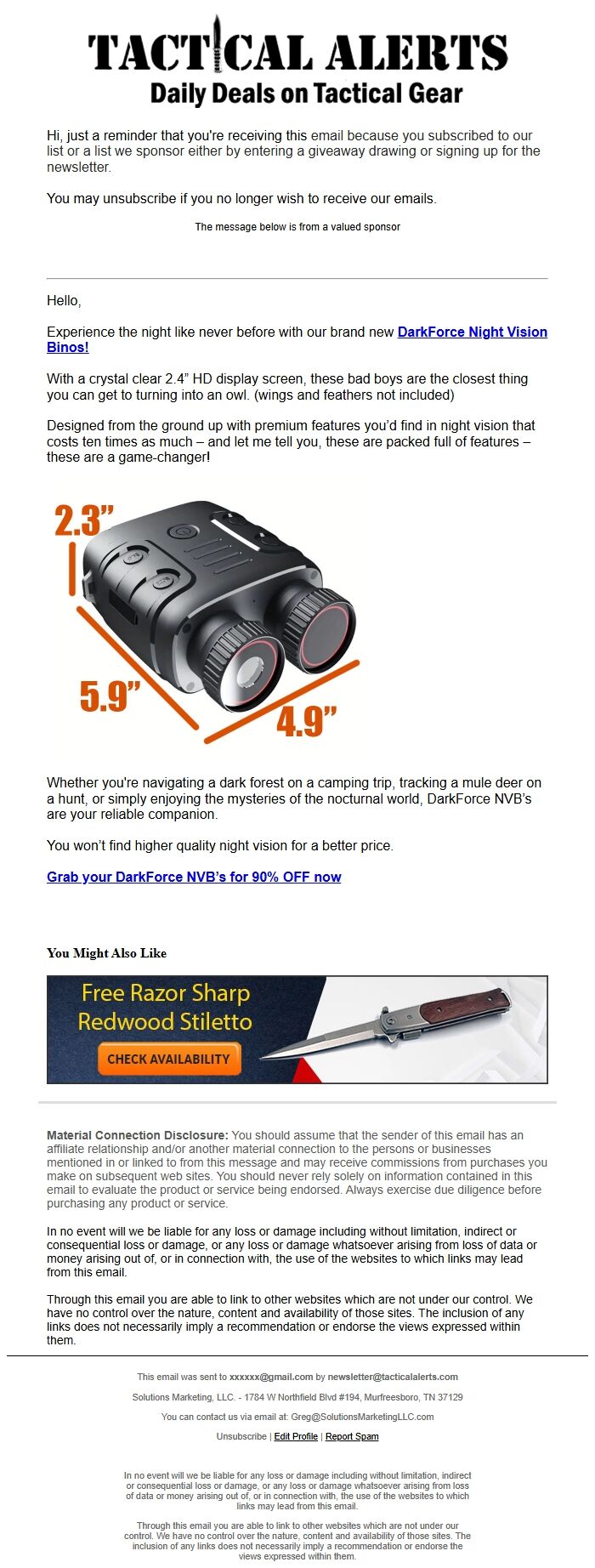 Screenshot of the email generated on import