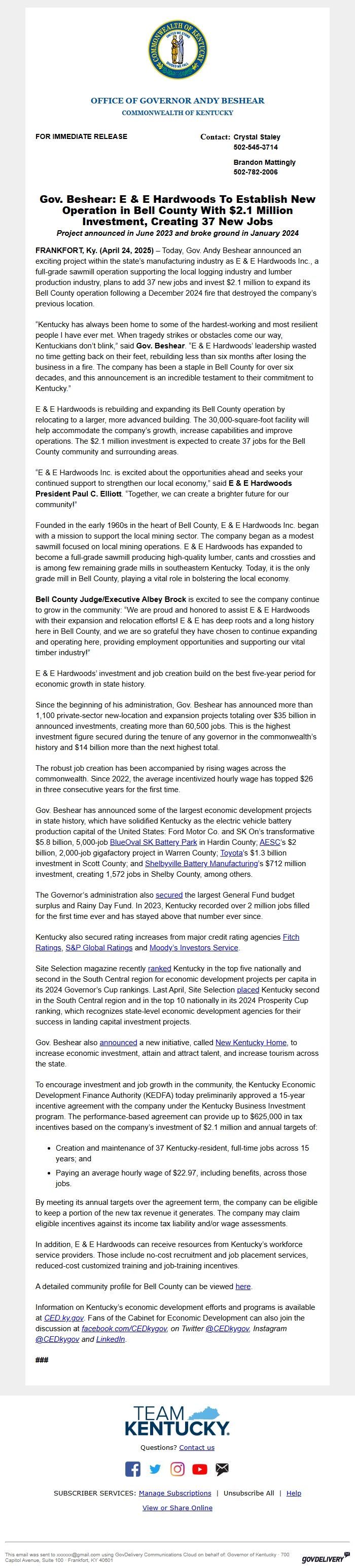 Screenshot of the email generated on import