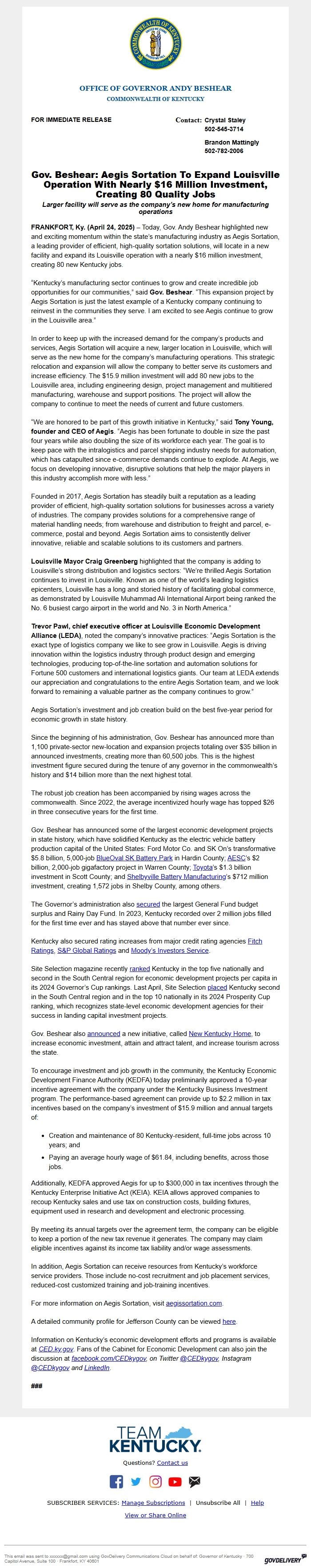 Screenshot of the email generated on import