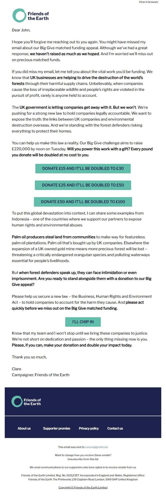 Screenshot of the email generated on import