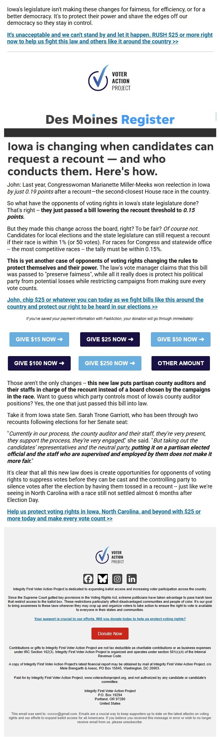 Screenshot of the email generated on import