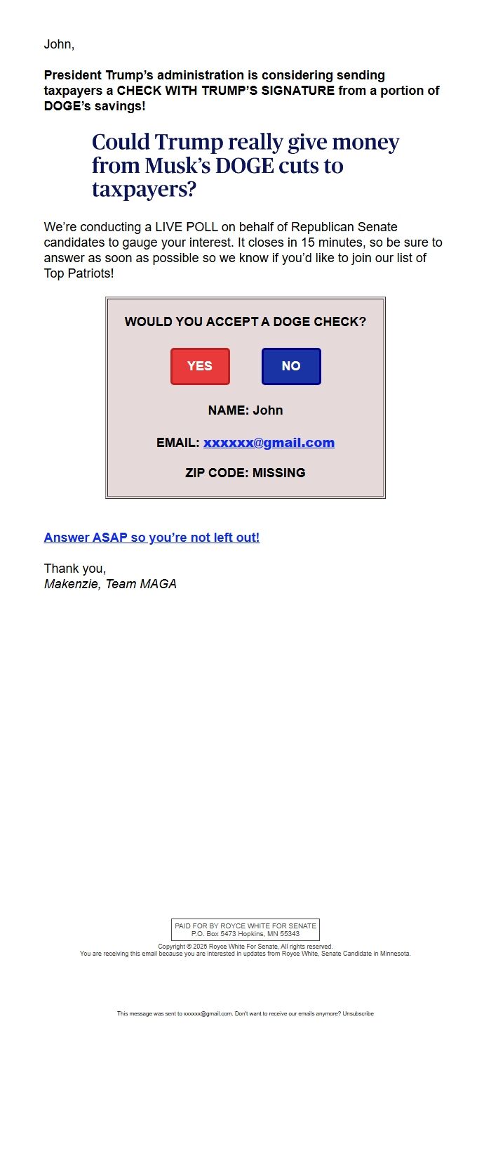 Screenshot of the email generated on import