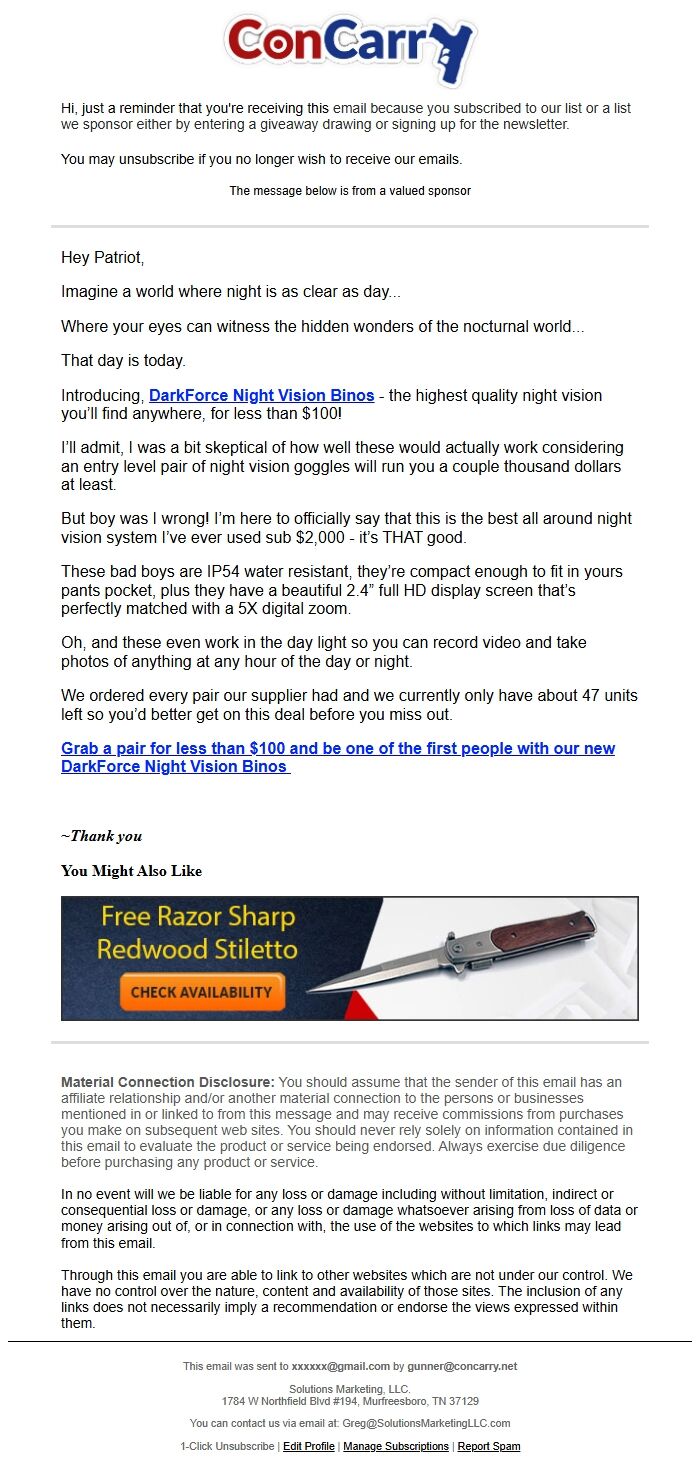 Screenshot of the email generated on import