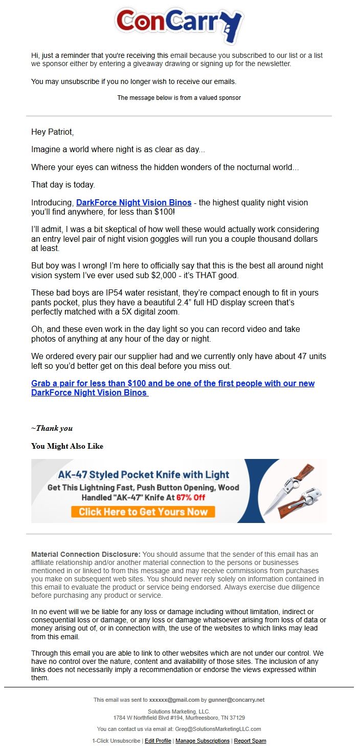Screenshot of the email generated on import