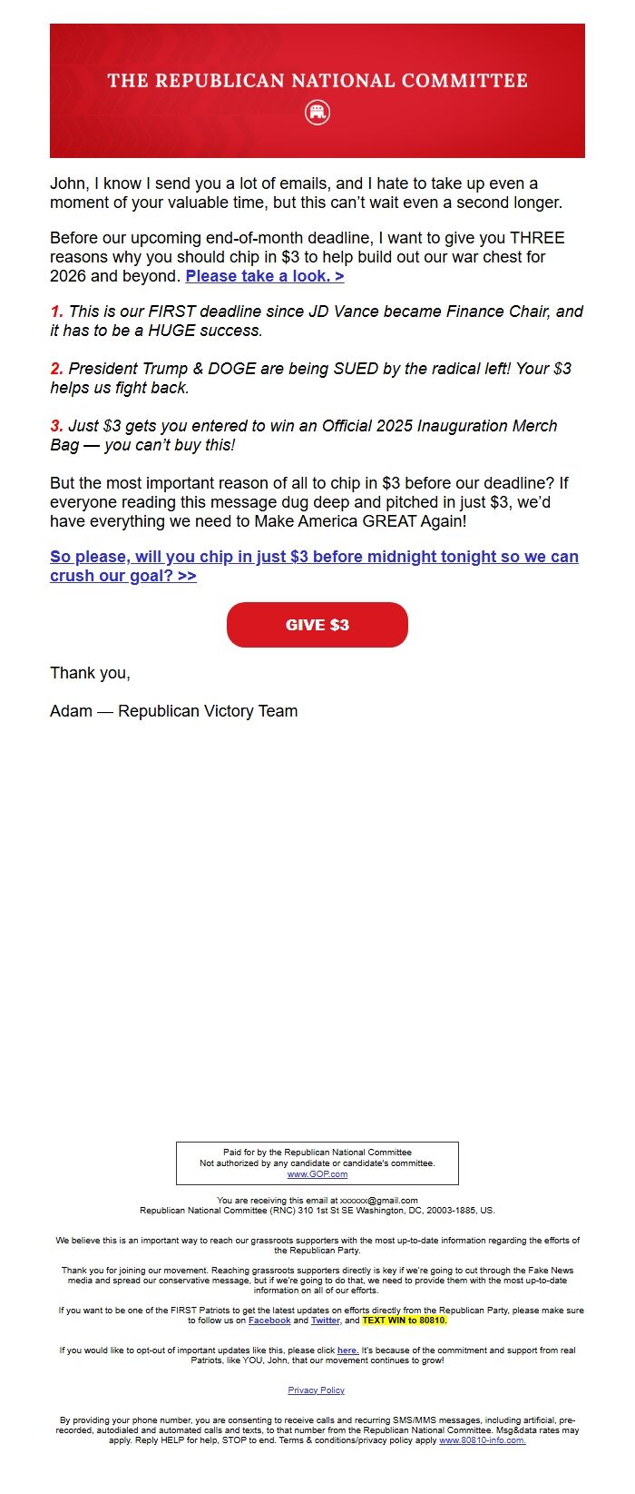 Screenshot of the email generated on import