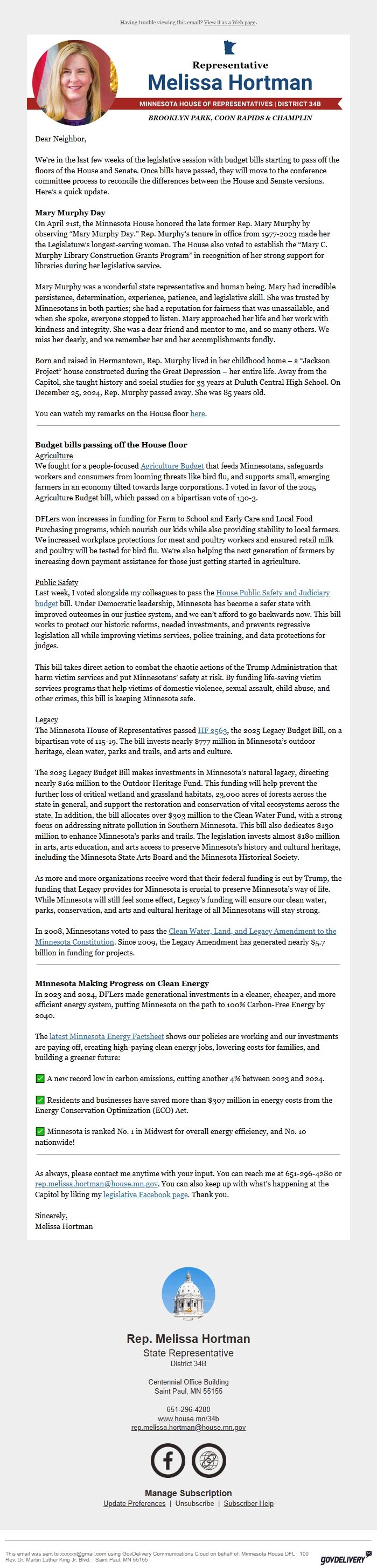 Screenshot of the email generated on import
