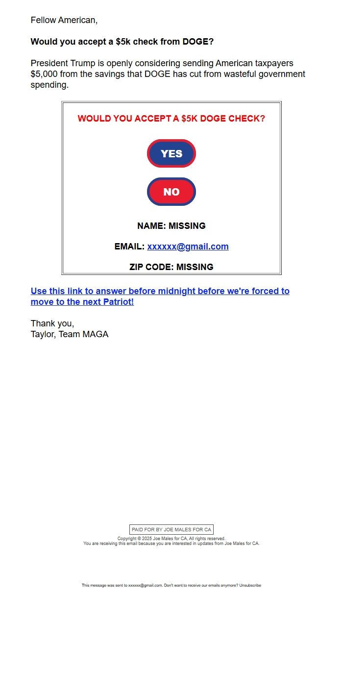 Screenshot of the email generated on import