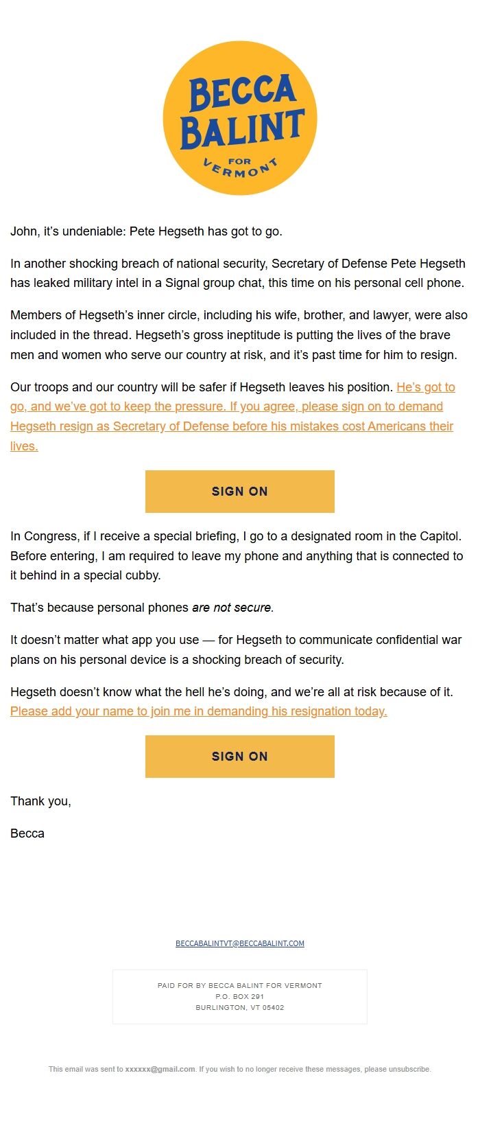 Screenshot of the email generated on import