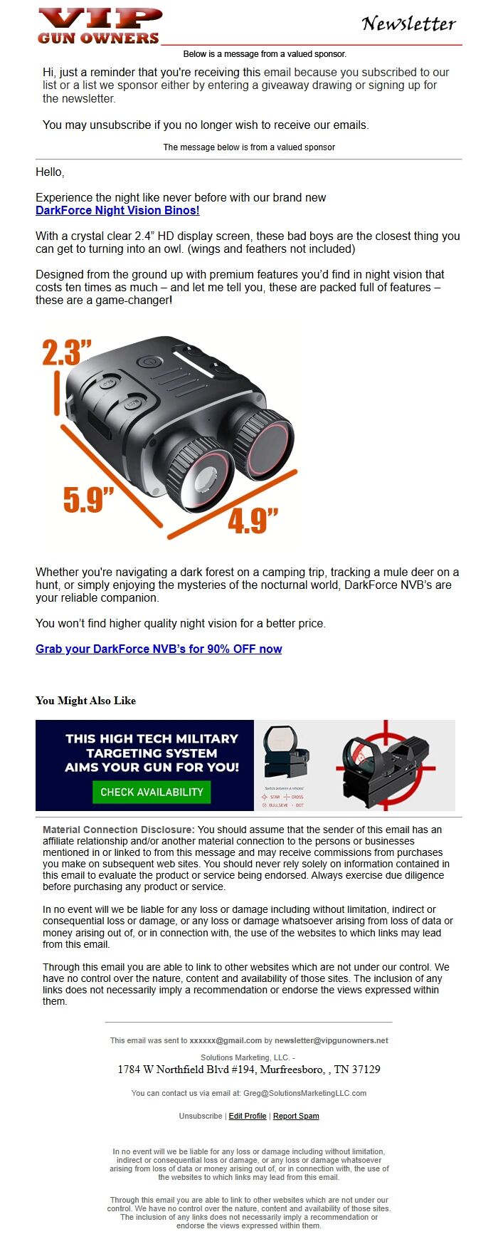 Screenshot of the email generated on import