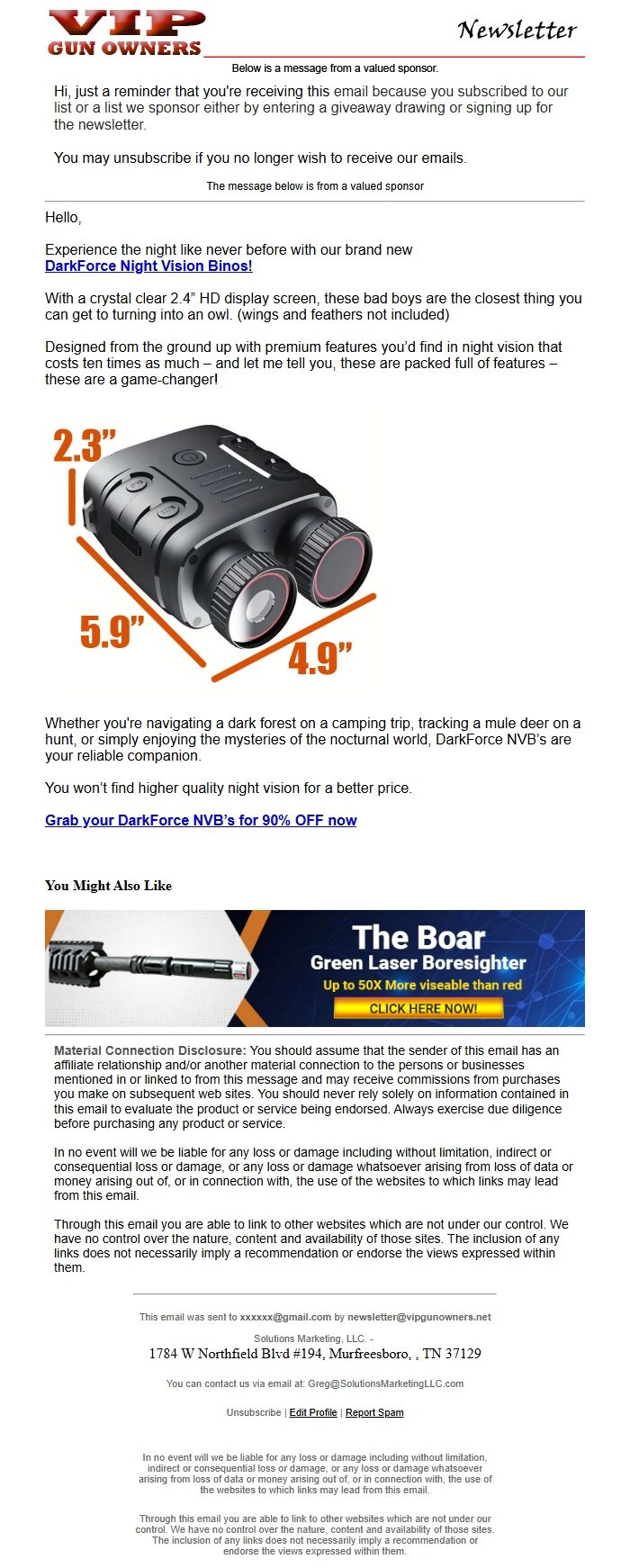 Screenshot of the email generated on import