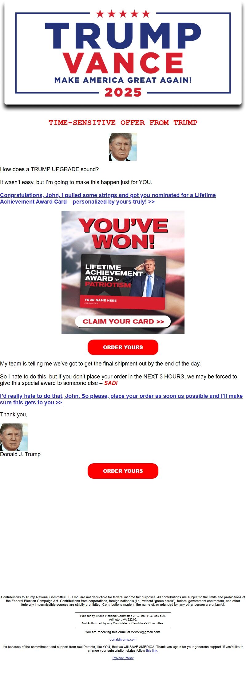 Screenshot of the email generated on import