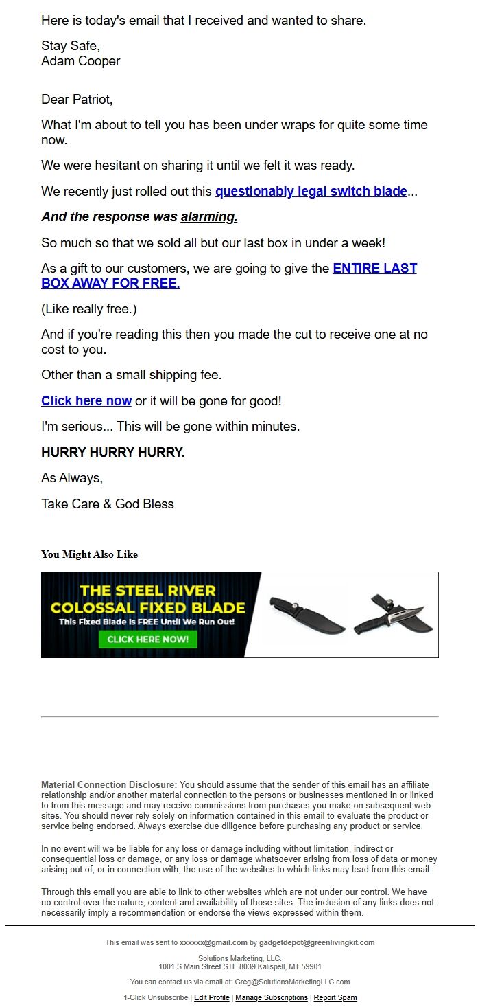Screenshot of the email generated on import