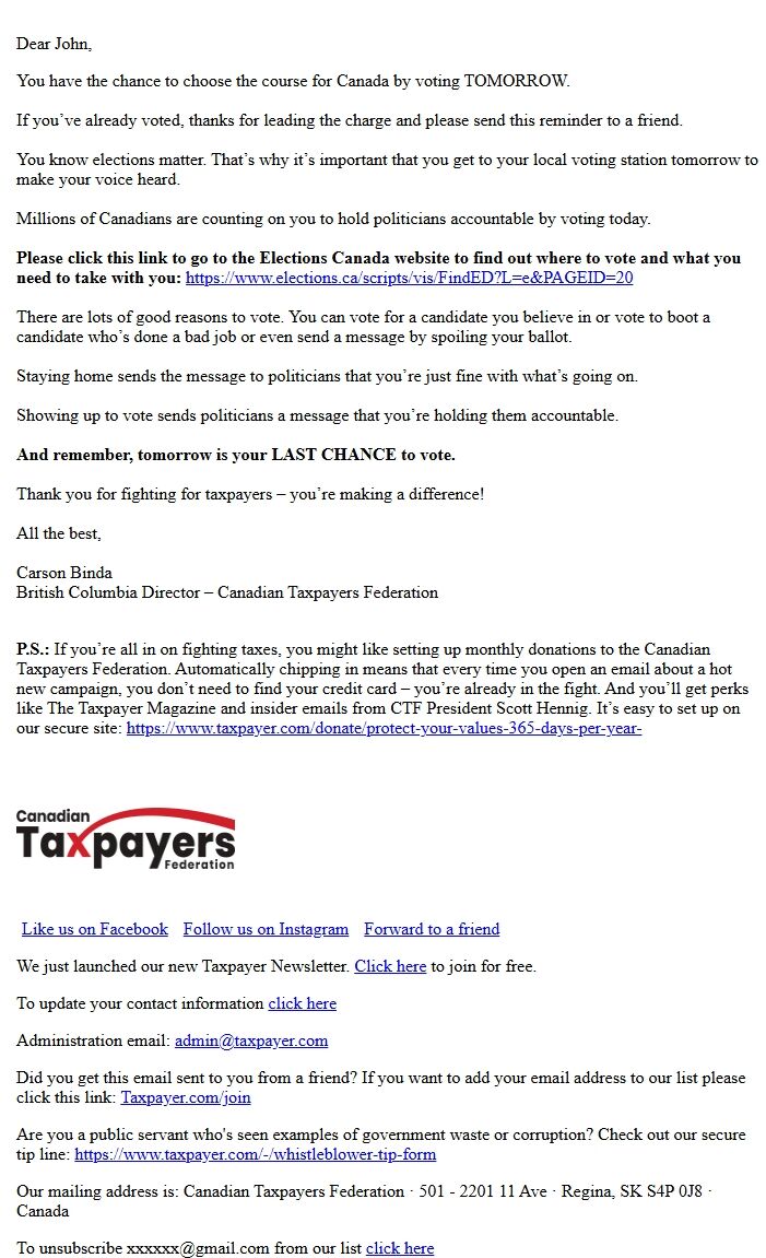 Screenshot of the email generated on import