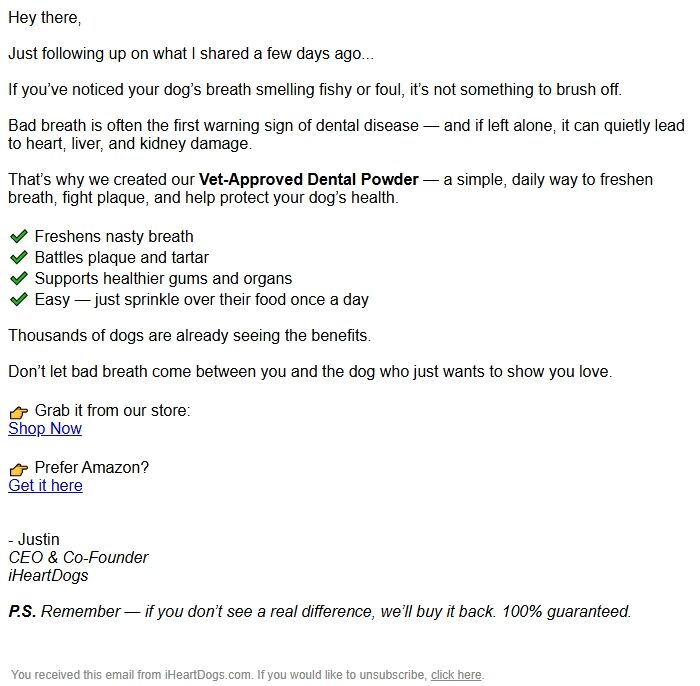 Screenshot of the email generated on import