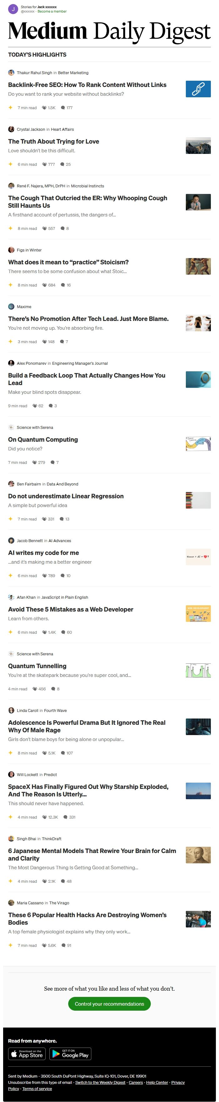 Screenshot of the email generated on import