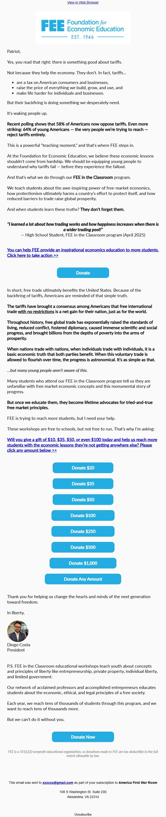 Screenshot of the email generated on import