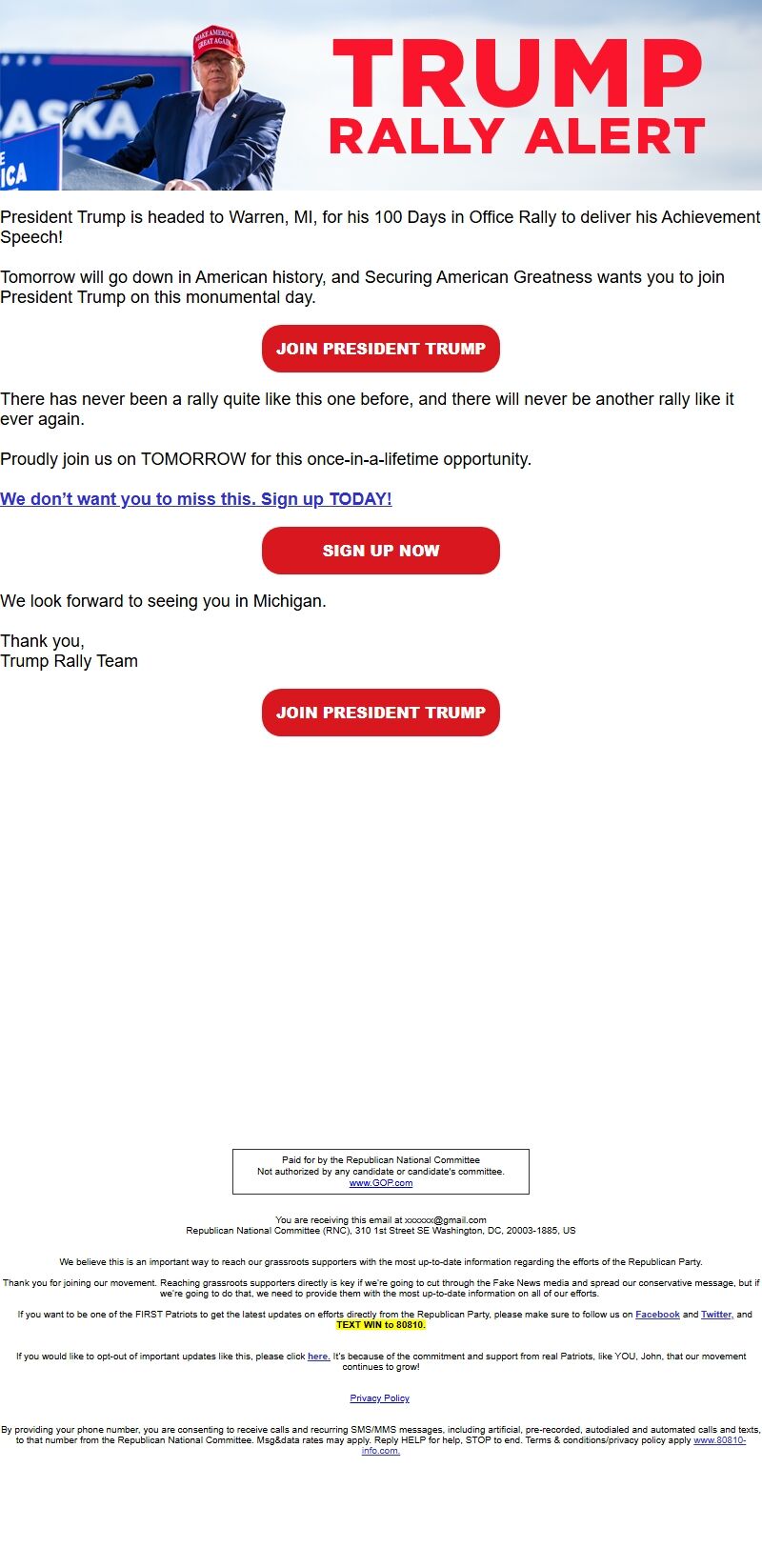 Screenshot of the email generated on import