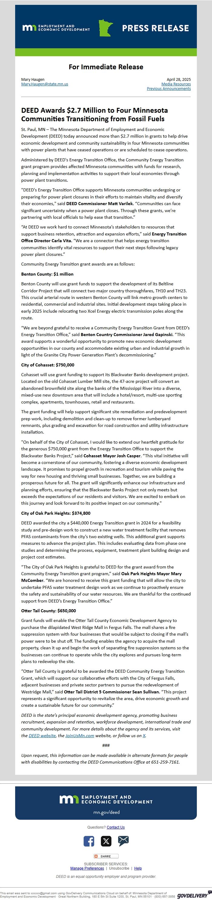 Screenshot of the email generated on import